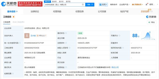 永利股份在昆山成立傳動系統公司，注冊資本達1億元